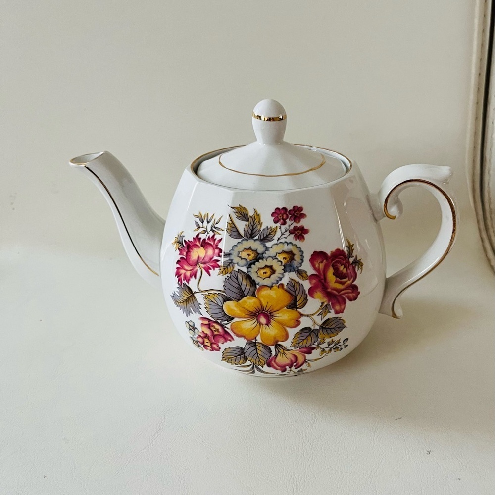 Ellgreave England Floral Bone China Teapot with Gold Trim